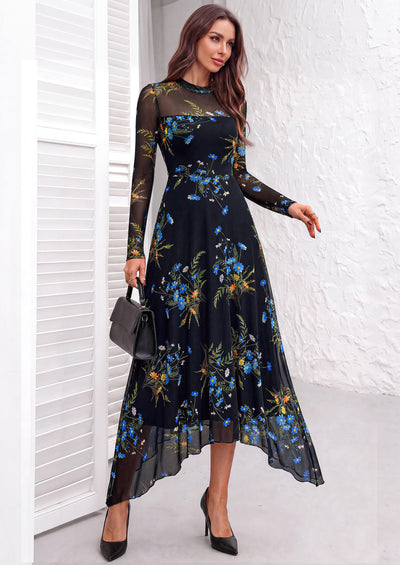 PRETTYGARDEN Women's Floral Mesh Midi Dress | Fall Wedding Guest Dresses, Sheer Long Sleeve, Mock Neck, A-line, Fit & Flare, Cocktail Holiday Party, Date Night Outfits