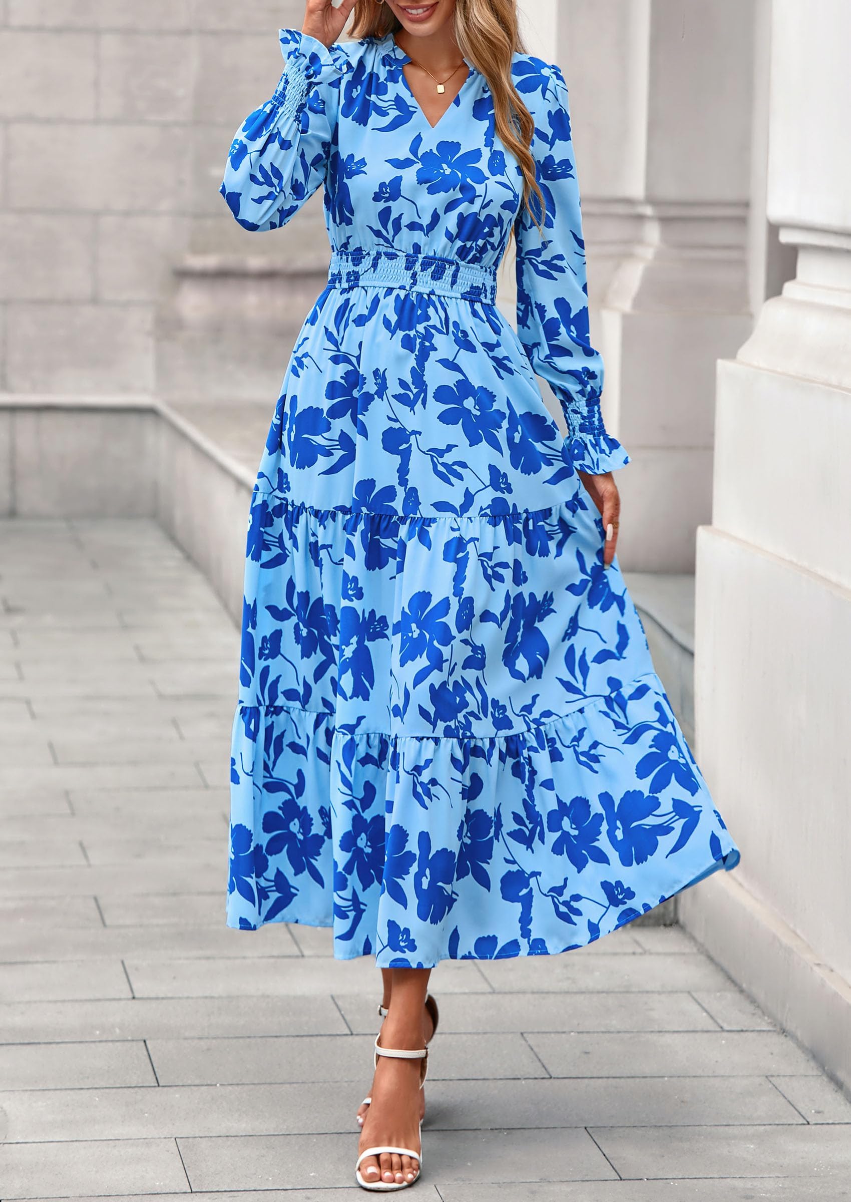 PRETTYGARDEN Women's Floral Maxi Dress Spring Long Sleeve V Neck Casual A Line Long Flowy Boho Party Dresses