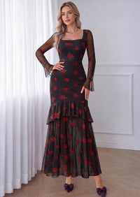 PRETTYGARDEN Womens Floral Long Sleeve Dress A Line Mesh Fall Maxi Dresses | Sheer Sleeve & Bell Cuffs, Lined, High Waist & Tiered Ruffle, Square Neck, Flowy Boho Dress, Cocktail Wedding Guest Dresses