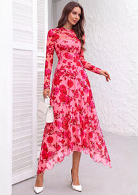 PRETTYGARDEN Women's Floral Mesh Midi Dress | Fall Wedding Guest Dresses, Sheer Long Sleeve, Mock Neck, A-line, Fit & Flare, Cocktail Holiday Party, Date Night Outfits