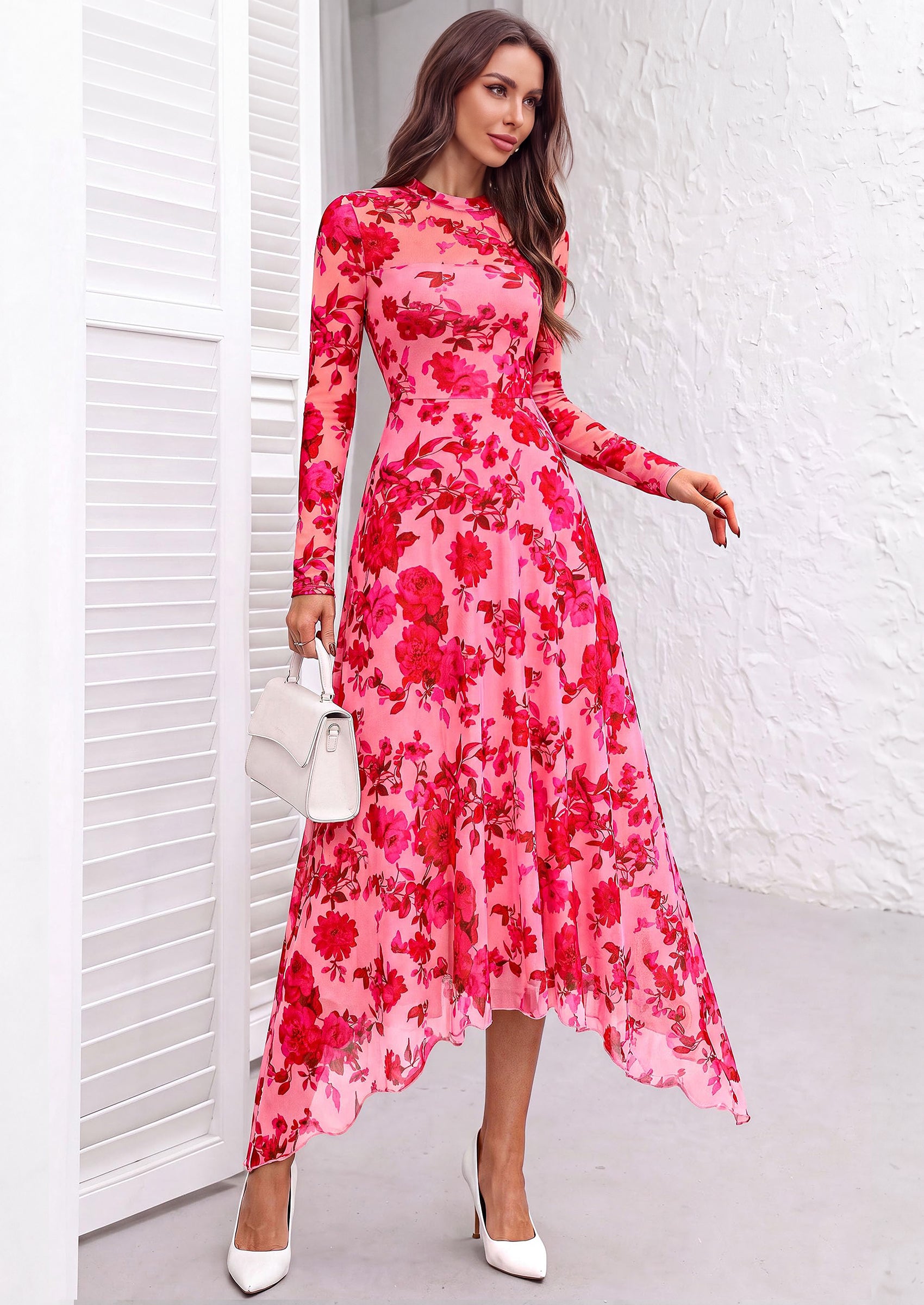 PRETTYGARDEN Women's Floral Mesh Midi Dress | Fall Wedding Guest Dresses, Sheer Long Sleeve, Mock Neck, A-line, Fit & Flare, Cocktail Holiday Party, Date Night Outfits