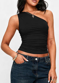 PRETTYGARDEN Womens Sleeveless One Shoulder Tank Top Ruched Slim Fit Shirts Basic Crop Y2k Tops 2026 Spring Fashion Clothing mysite
