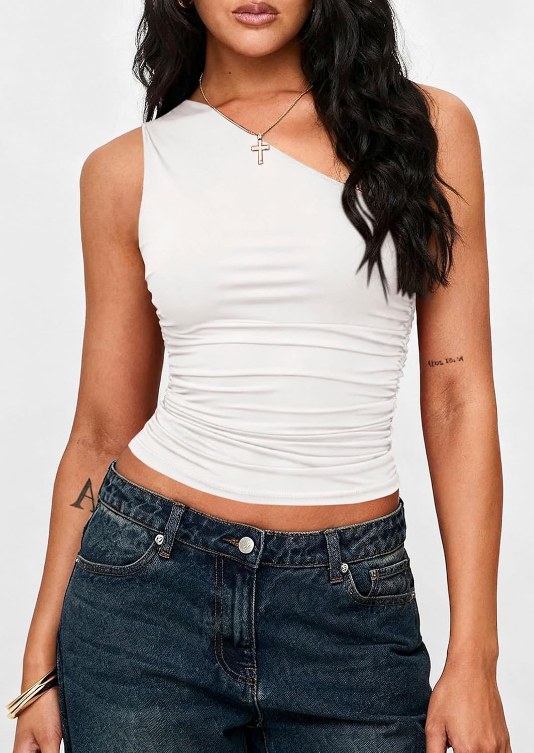 PRETTYGARDEN Womens Sleeveless One Shoulder Tank Top Ruched Slim Fit Shirts Basic Crop Y2k Tops 2026 Spring Fashion Clothing mysite