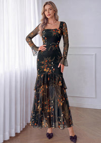 PRETTYGARDEN Womens Floral Long Sleeve Dress A Line Mesh Fall Maxi Dresses | Sheer Sleeve & Bell Cuffs, Lined, High Waist & Tiered Ruffle, Square Neck, Flowy Boho Dress, Cocktail Wedding Guest Dresses
