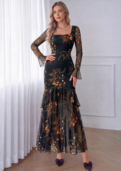 PRETTYGARDEN Womens Floral Long Sleeve Dress A Line Mesh Fall Maxi Dresses | Sheer Sleeve & Bell Cuffs, Lined, High Waist & Tiered Ruffle, Square Neck, Flowy Boho Dress, Cocktail Wedding Guest Dresses