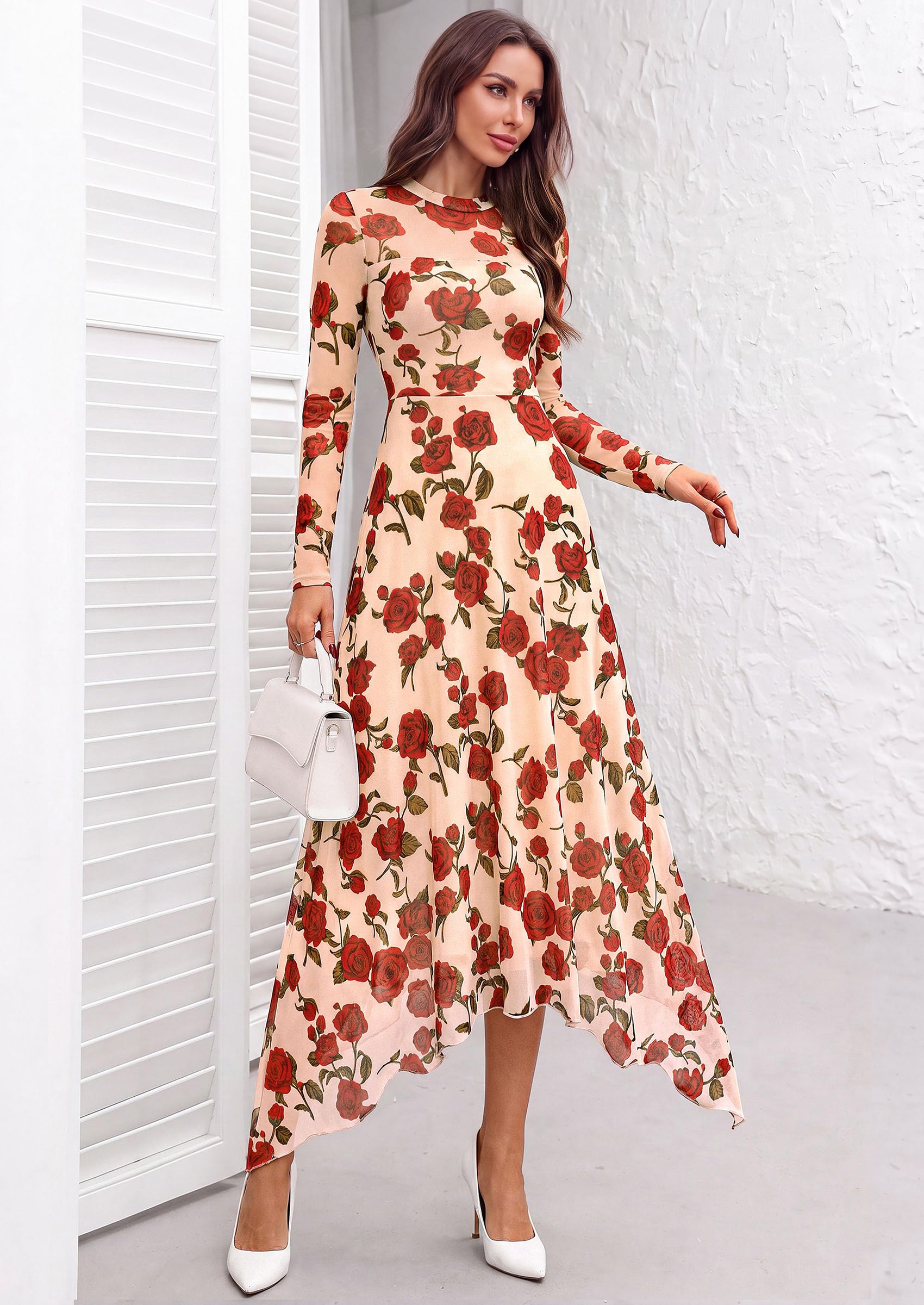 PRETTYGARDEN Women's Floral Mesh Midi Dress | Fall Wedding Guest Dresses, Sheer Long Sleeve, Mock Neck, A-line, Fit & Flare, Cocktail Holiday Party, Date Night Outfits