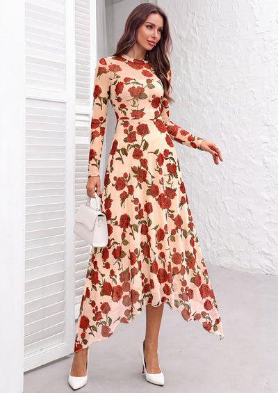 PRETTYGARDEN Women's Floral Mesh Midi Dress | Fall Wedding Guest Dresses, Sheer Long Sleeve, Mock Neck, A-line, Fit & Flare, Cocktail Holiday Party, Date Night Outfits