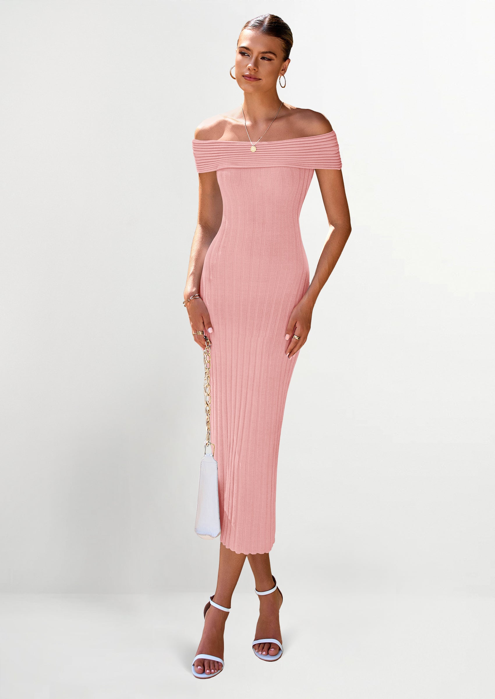 PRETTYGARDEN Summer Dresses for Women Formal Off The Shoulder Midi Bodycon Ribbed Knit Spring Wedding Guest Dress