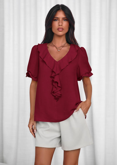 PRETTYGARDEN Women's Summer Dressy Casual Blouses Short Sleeve V Neck Ruffle Going Out Tops Shirt Trendy Spring Outfits PRETTYGARDEN