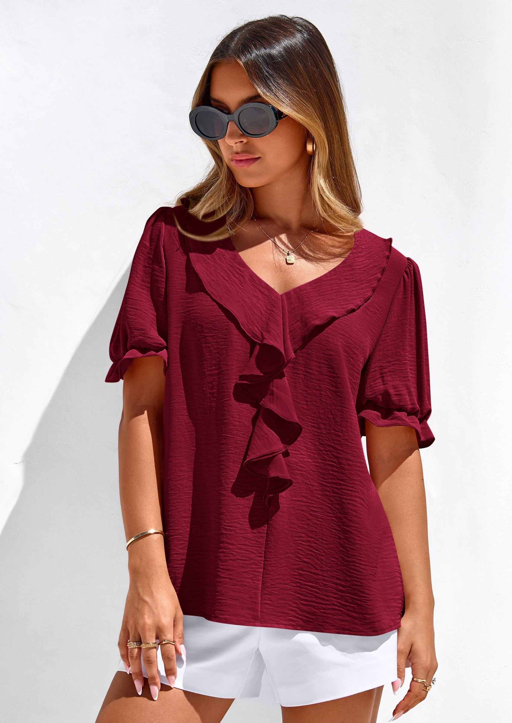 PRETTYGARDEN Women's Summer Dressy Casual Blouses Short Sleeve V Neck Ruffle Going Out Tops Shirt Trendy Spring Outfits PRETTYGARDEN