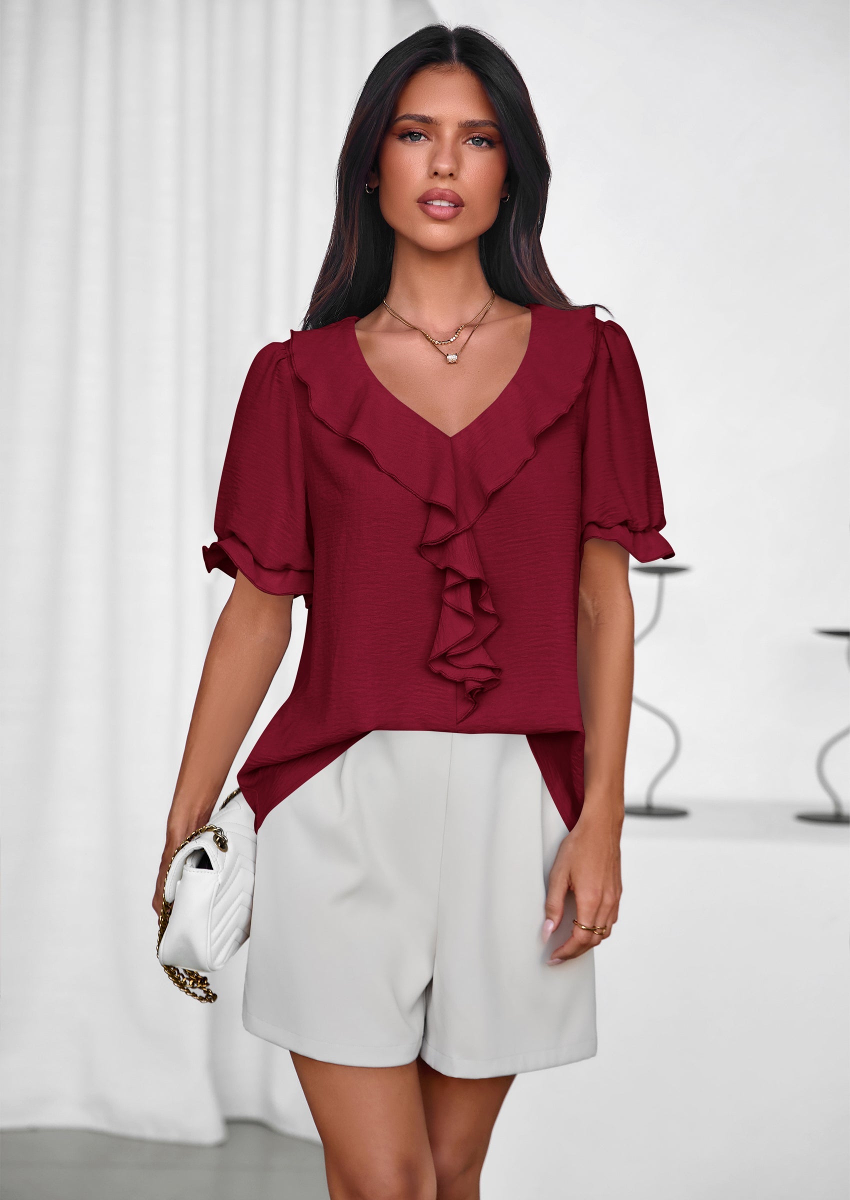 PRETTYGARDEN Women's Summer Dressy Casual Blouses Short Sleeve V Neck Ruffle Going Out Tops Shirt Trendy Spring Outfits PRETTYGARDEN