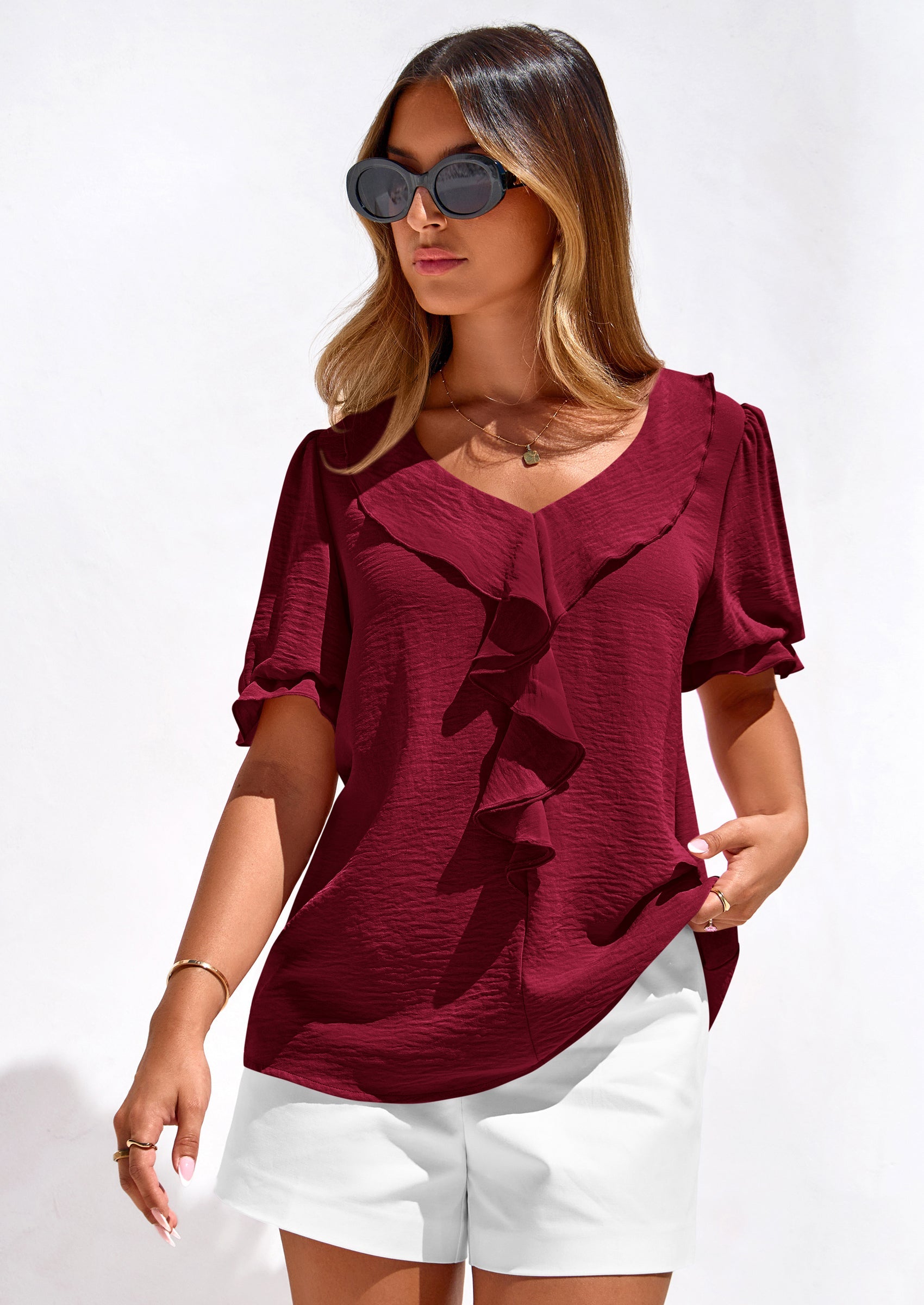 PRETTYGARDEN Women's Summer Dressy Casual Blouses Short Sleeve V Neck Ruffle Going Out Tops Shirt Trendy Spring Outfits PRETTYGARDEN