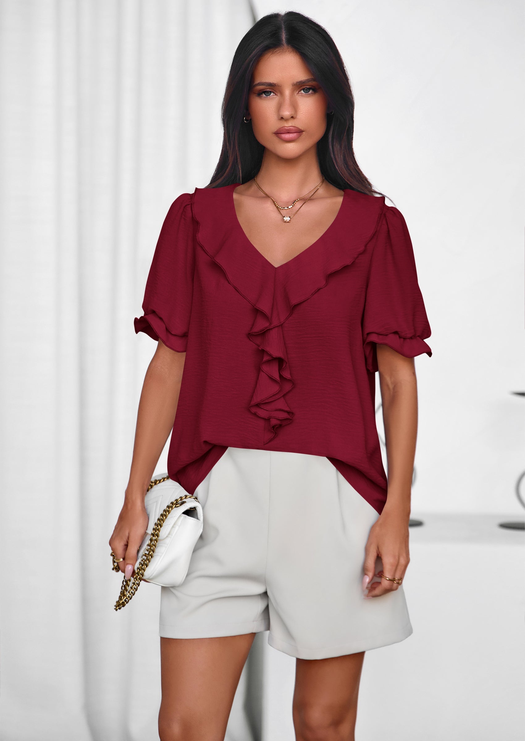 PRETTYGARDEN Women's Summer Dressy Casual Blouses Short Sleeve V Neck Ruffle Going Out Tops Shirt Trendy Spring Outfits PRETTYGARDEN