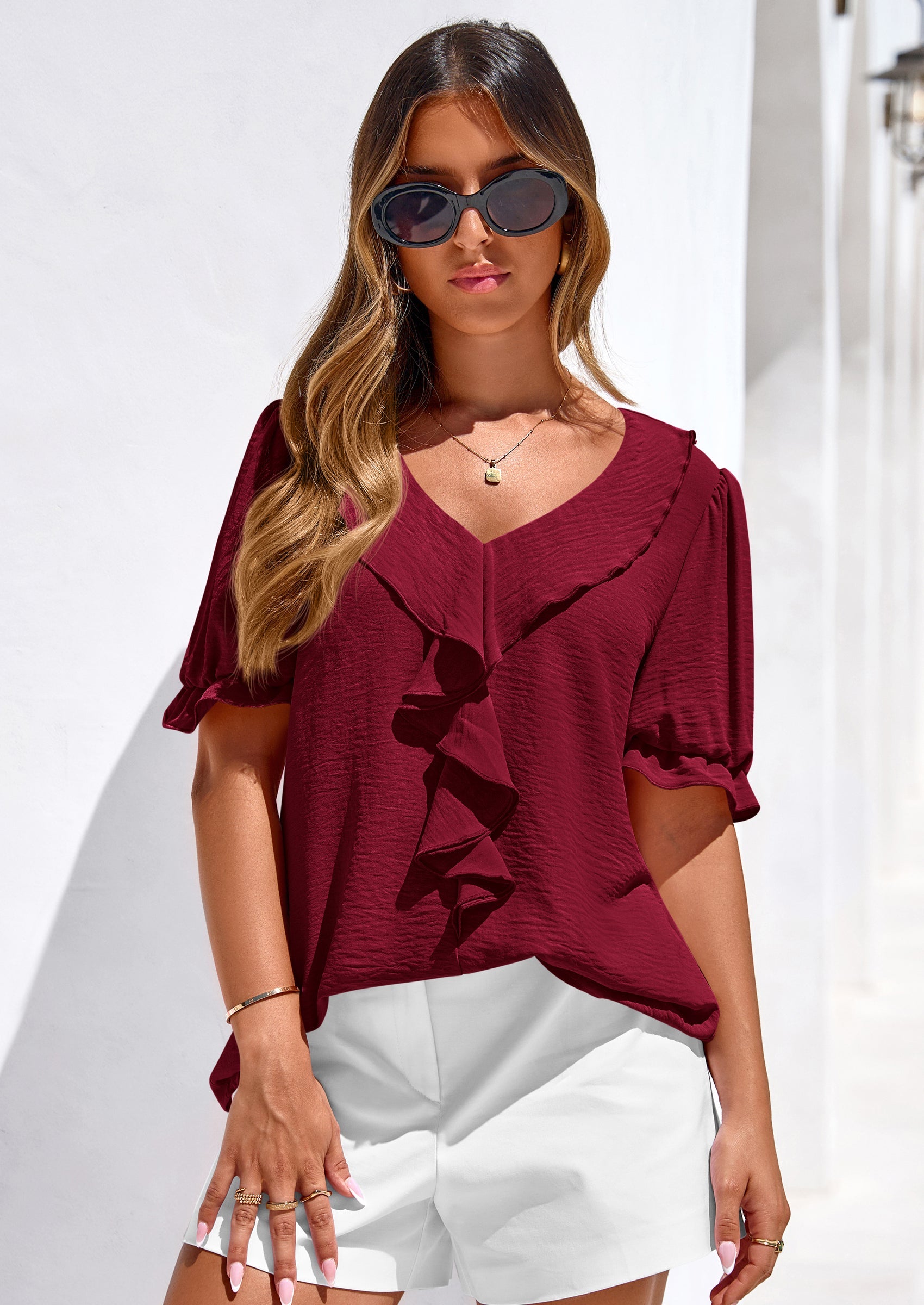 PRETTYGARDEN Women's Summer Dressy Casual Blouses Short Sleeve V Neck Ruffle Going Out Tops Shirt Trendy Spring Outfits PRETTYGARDEN