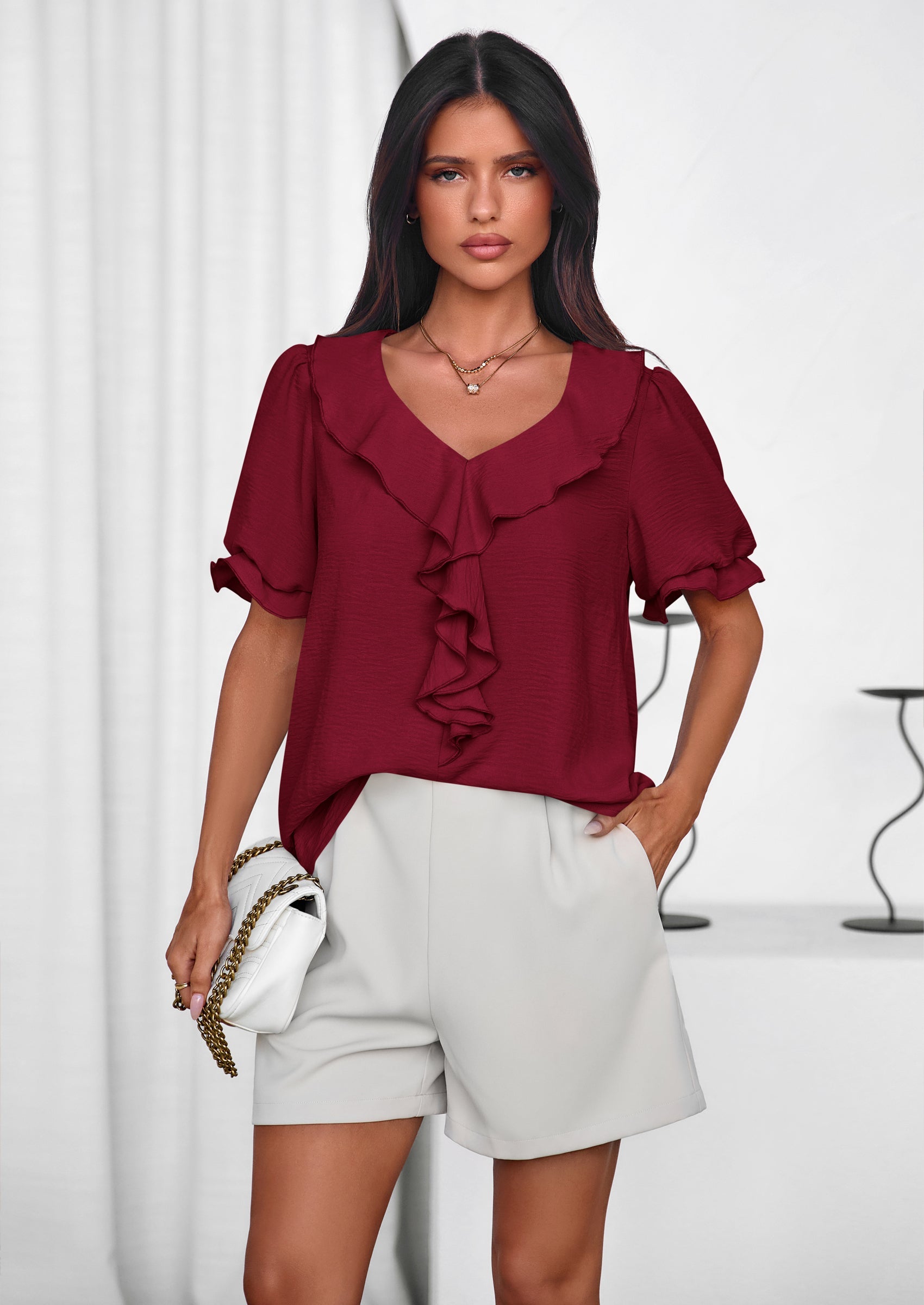 PRETTYGARDEN Women's Summer Dressy Casual Blouses Short Sleeve V Neck Ruffle Going Out Tops Shirt Trendy Spring Outfits PRETTYGARDEN