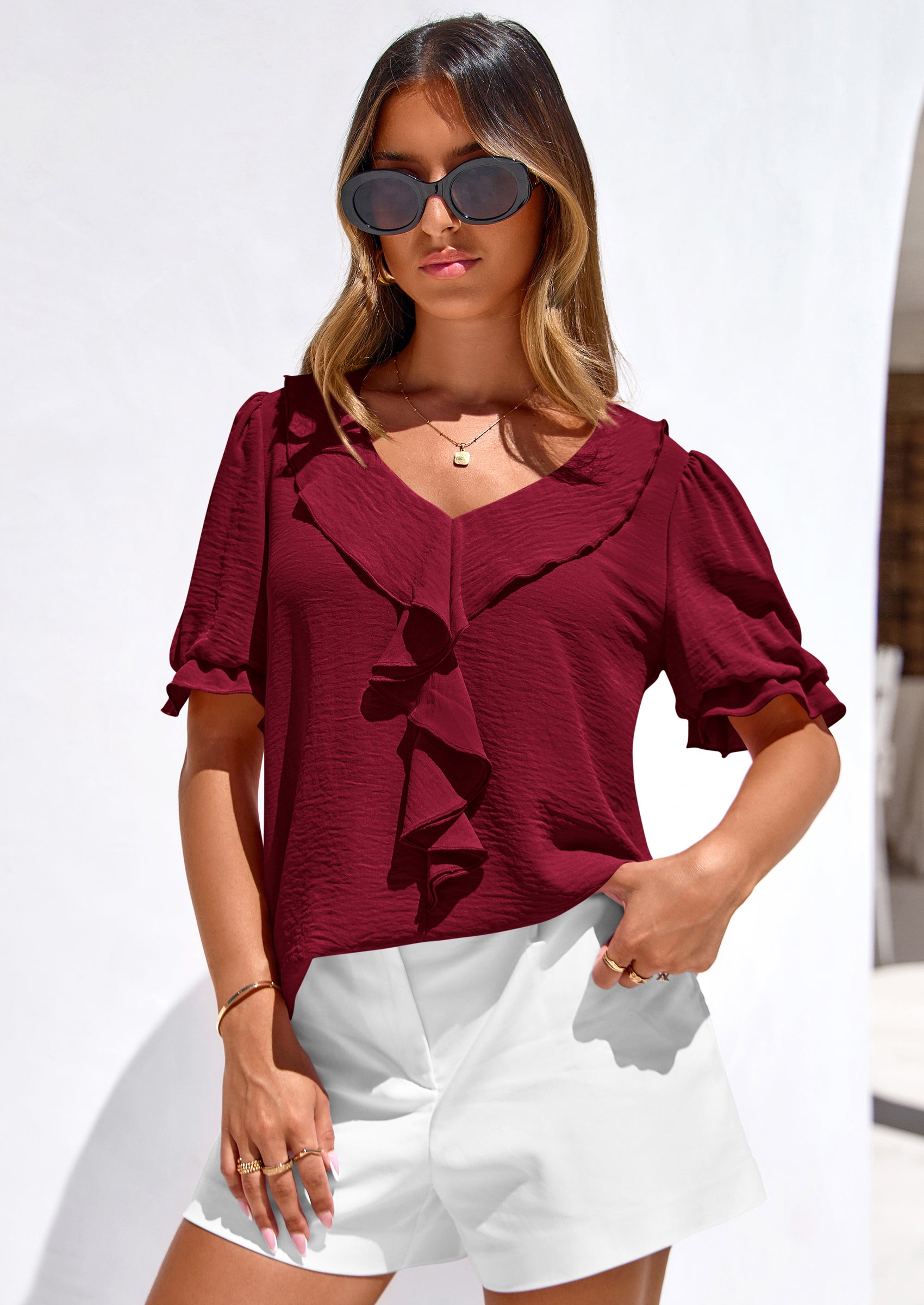 PRETTYGARDEN Women's Summer Dressy Casual Blouses Short Sleeve V Neck Ruffle Going Out Tops Shirt Trendy Spring Outfits PRETTYGARDEN