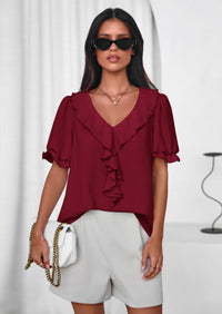 PRETTYGARDEN Women's Summer Dressy Casual Blouses Short Sleeve V Neck Ruffle Going Out Tops Shirt Trendy Spring Outfits PRETTYGARDEN