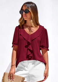 PRETTYGARDEN Women's Summer Dressy Casual Blouses Short Sleeve V Neck Ruffle Going Out Tops Shirt Trendy Spring Outfits PRETTYGARDEN