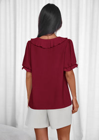 PRETTYGARDEN Women's Summer Dressy Casual Blouses Short Sleeve V Neck Ruffle Going Out Tops Shirt Trendy Spring Outfits PRETTYGARDEN