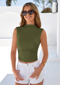 PRETTYGARDEN Tank Top for Women Summer Fashion Clothing Mock Neck Ribbed Knit Slim Fitted Shirts Going Out Tops