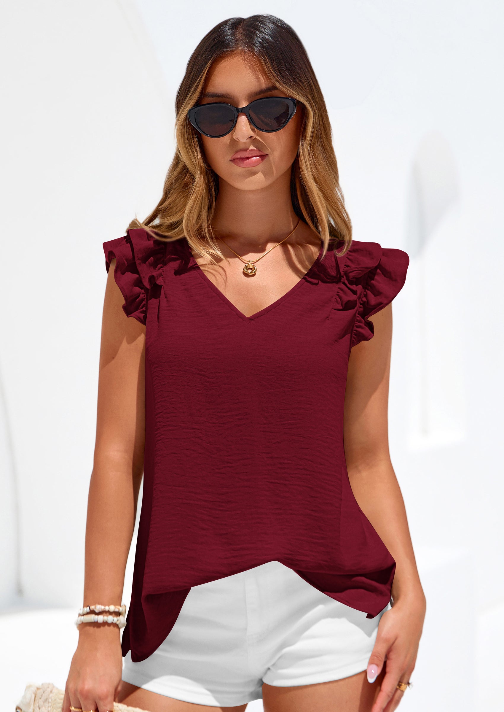 PRETTYGARDEN Womens Blouses Dressy Casual Summer V Neck Ruffle Cap Sleeve Business Work Tops Spring Teacher Shirts PRETTYGARDEN