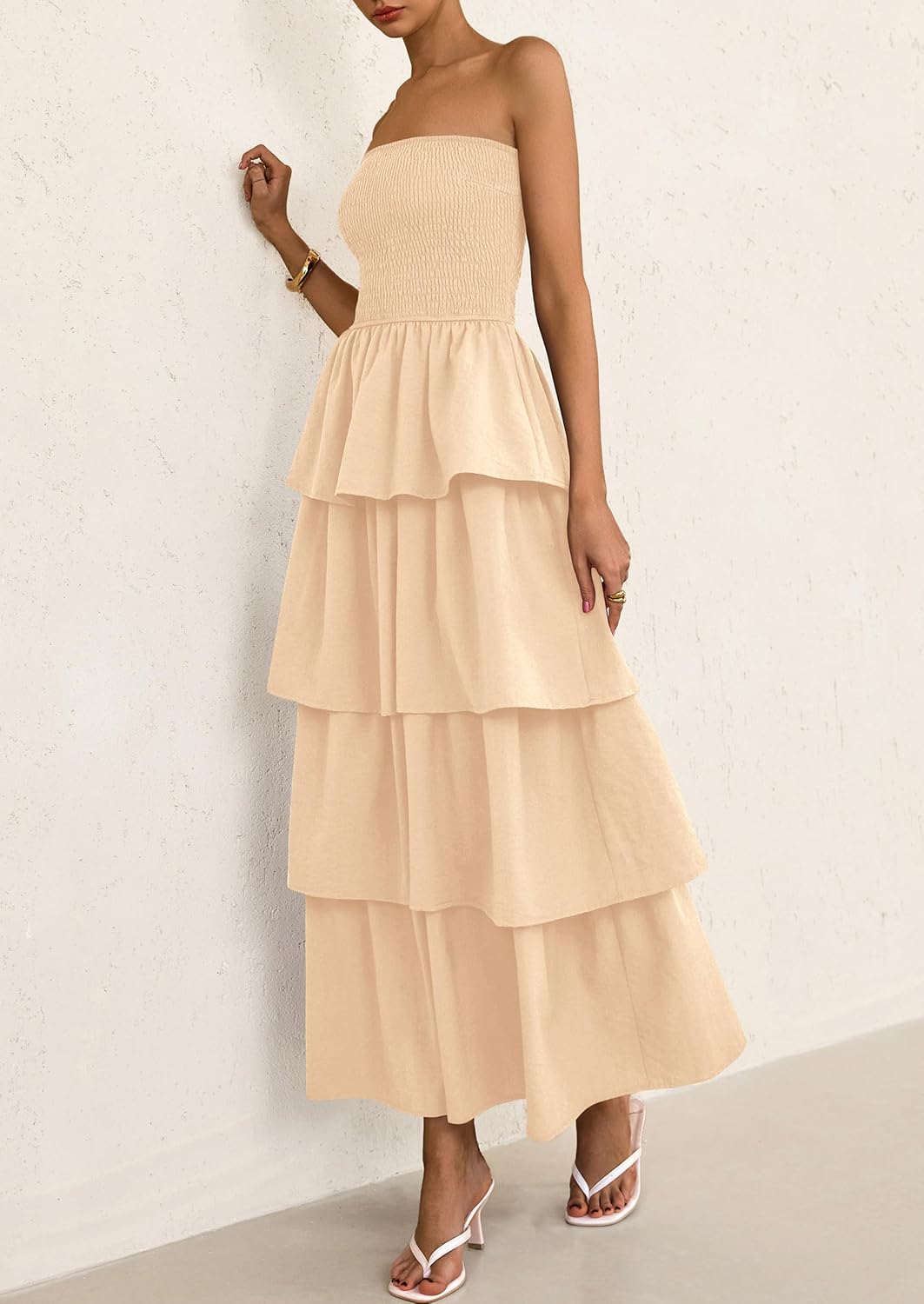 PRETTYGARDEN Maxi Dresses for Women Off Shoulder Smocked Tiered Ruffle Long Flowy Wedding Guest Dress