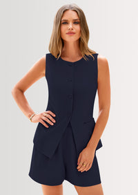 PRETTYGARDEN Two Piece Sets Button Down Suit Vest Tops High Waisted Shorts Business Casual Outfits