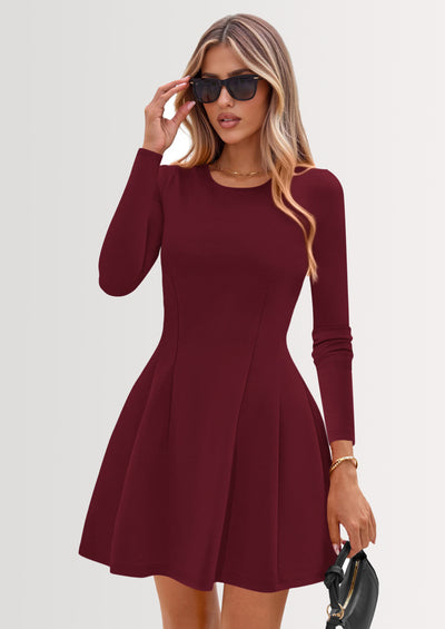 PRETTYGARDEN Long Sleeve Mini Dress for Women Fall Crewneck Knit Pleated Babydoll A Line Soft Casual Short Party Dresses