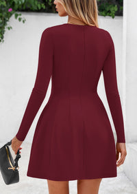 PRETTYGARDEN Long Sleeve Mini Dress for Women Fall Crewneck Knit Pleated Babydoll A Line Soft Casual Short Party Dresses