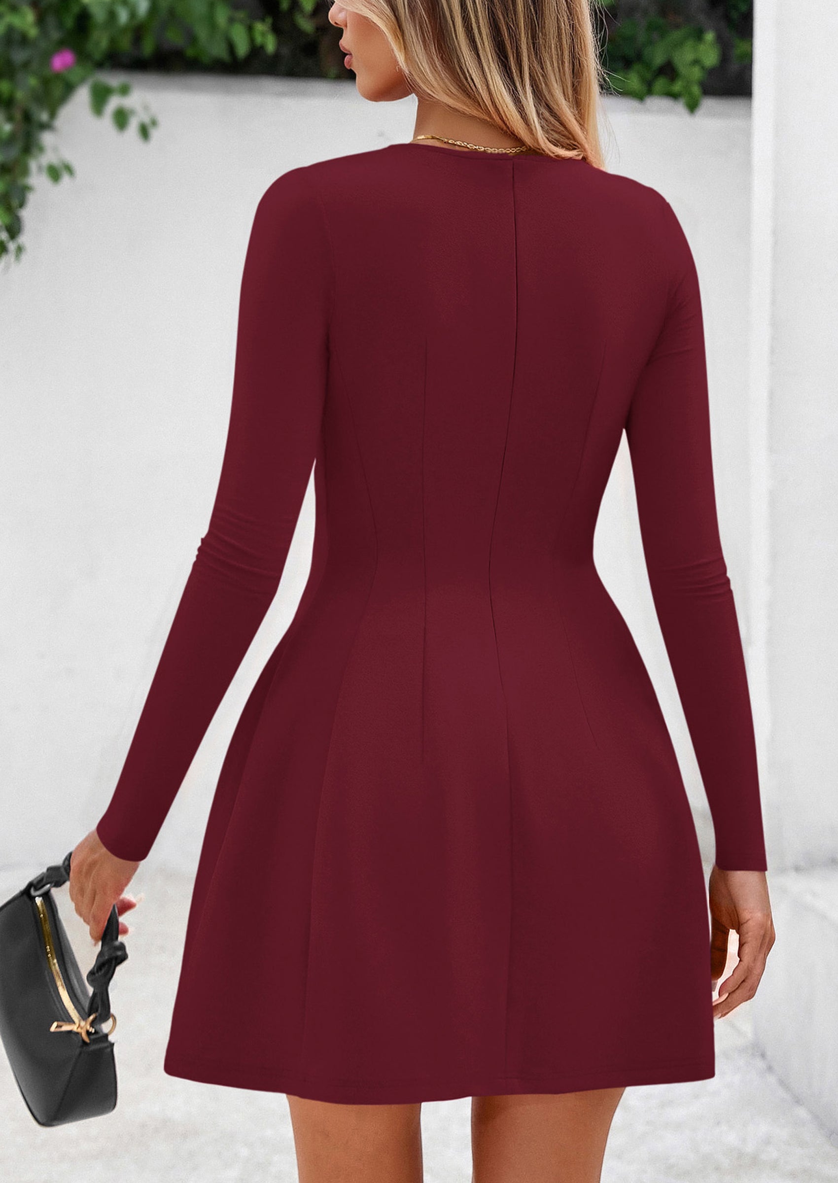 PRETTYGARDEN Long Sleeve Mini Dress for Women Fall Crewneck Knit Pleated Babydoll A Line Soft Casual Short Party Dresses