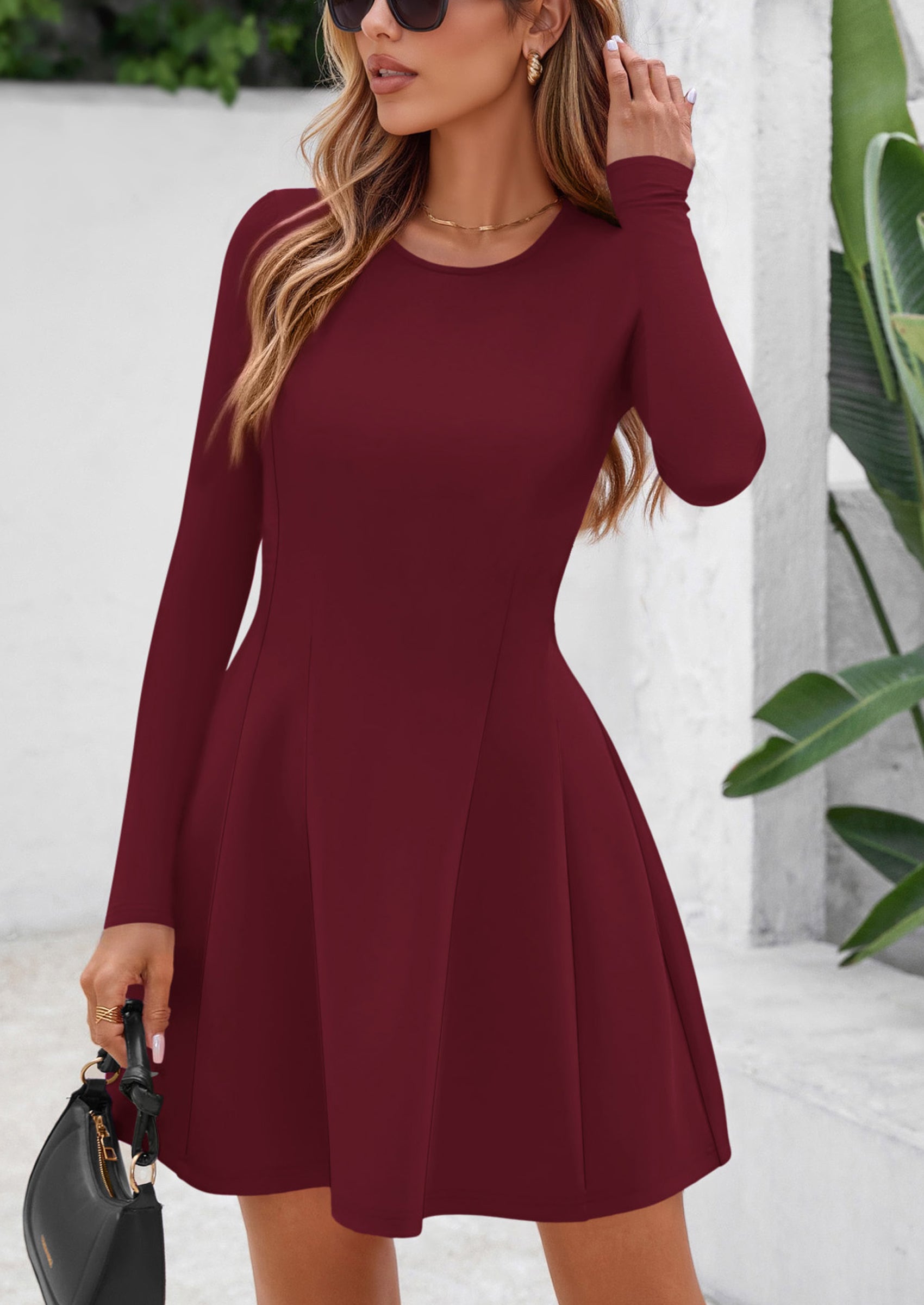 PRETTYGARDEN Long Sleeve Mini Dress for Women Fall Crewneck Knit Pleated Babydoll A Line Soft Casual Short Party Dresses