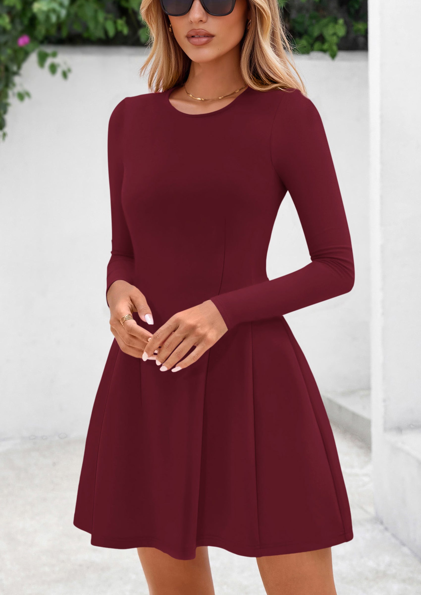 PRETTYGARDEN Long Sleeve Mini Dress for Women Fall Crewneck Knit Pleated Babydoll A Line Soft Casual Short Party Dresses