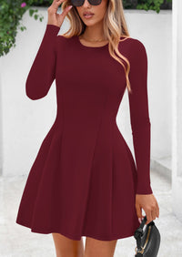 PRETTYGARDEN Long Sleeve Mini Dress for Women Fall Crewneck Knit Pleated Babydoll A Line Soft Casual Short Party Dresses