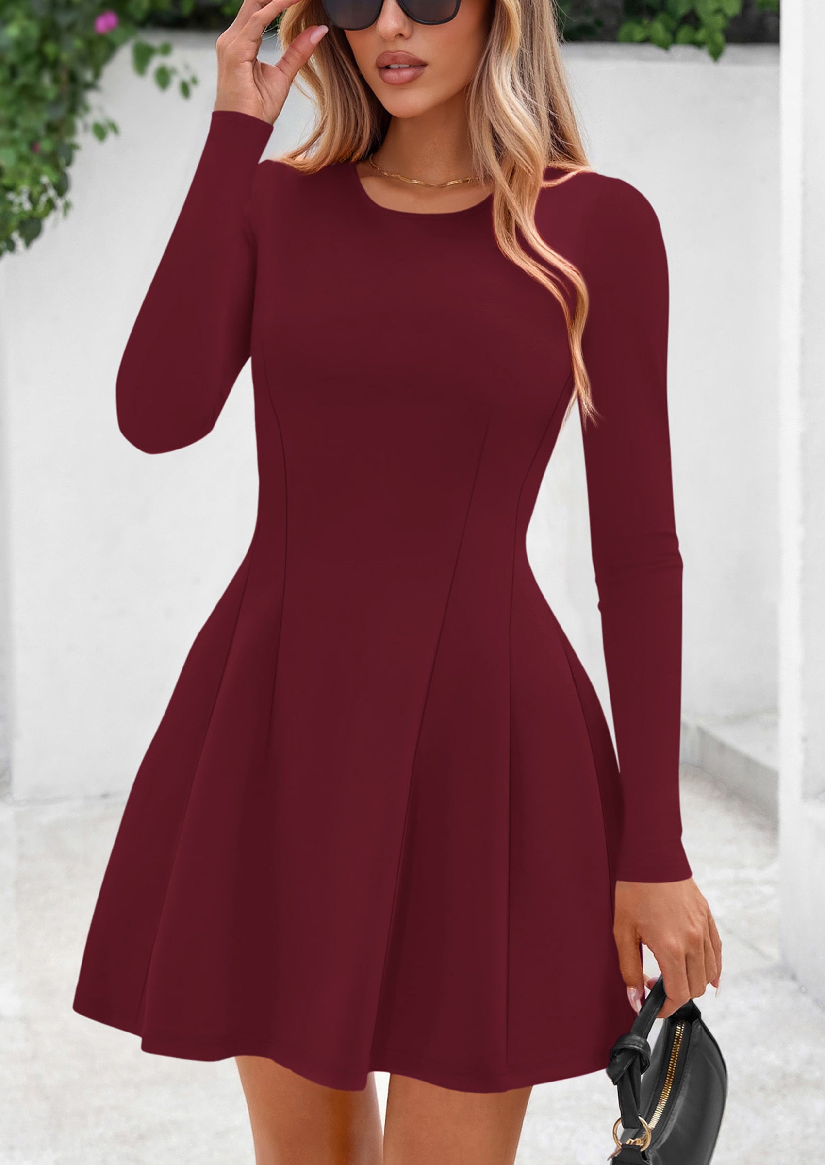 PRETTYGARDEN Long Sleeve Mini Dress for Women Fall Crewneck Knit Pleated Babydoll A Line Soft Casual Short Party Dresses
