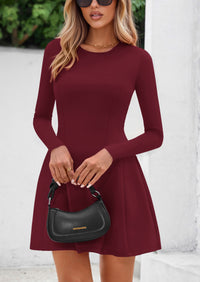 PRETTYGARDEN Long Sleeve Mini Dress for Women Fall Crewneck Knit Pleated Babydoll A Line Soft Casual Short Party Dresses