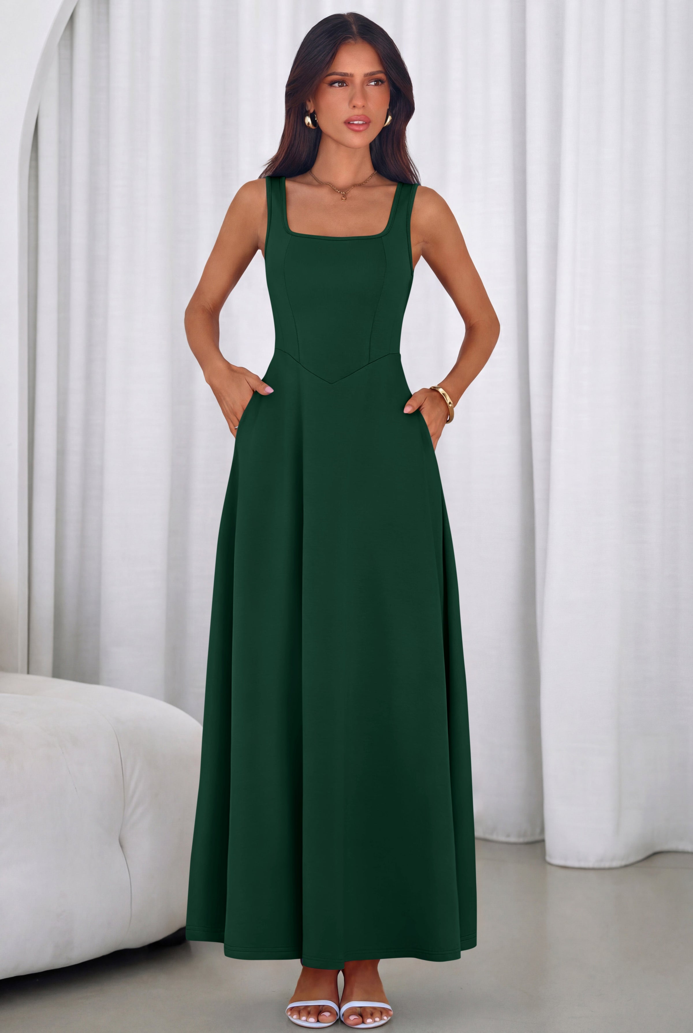 PRETTYGARDEN Womens Summer Dresses Sleeveless Elegant Square Neck Aline Swing Maxi Beach Wedding Guest Dress Pockets PRETTYGARDEN