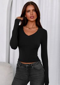 PRETTYGARDEN Womens Long Sleeve T Shirts Fall Trendy Deep V Neck Slim Fit Basic Crop Tops Casual Going Out Top PRETTYGARDEN