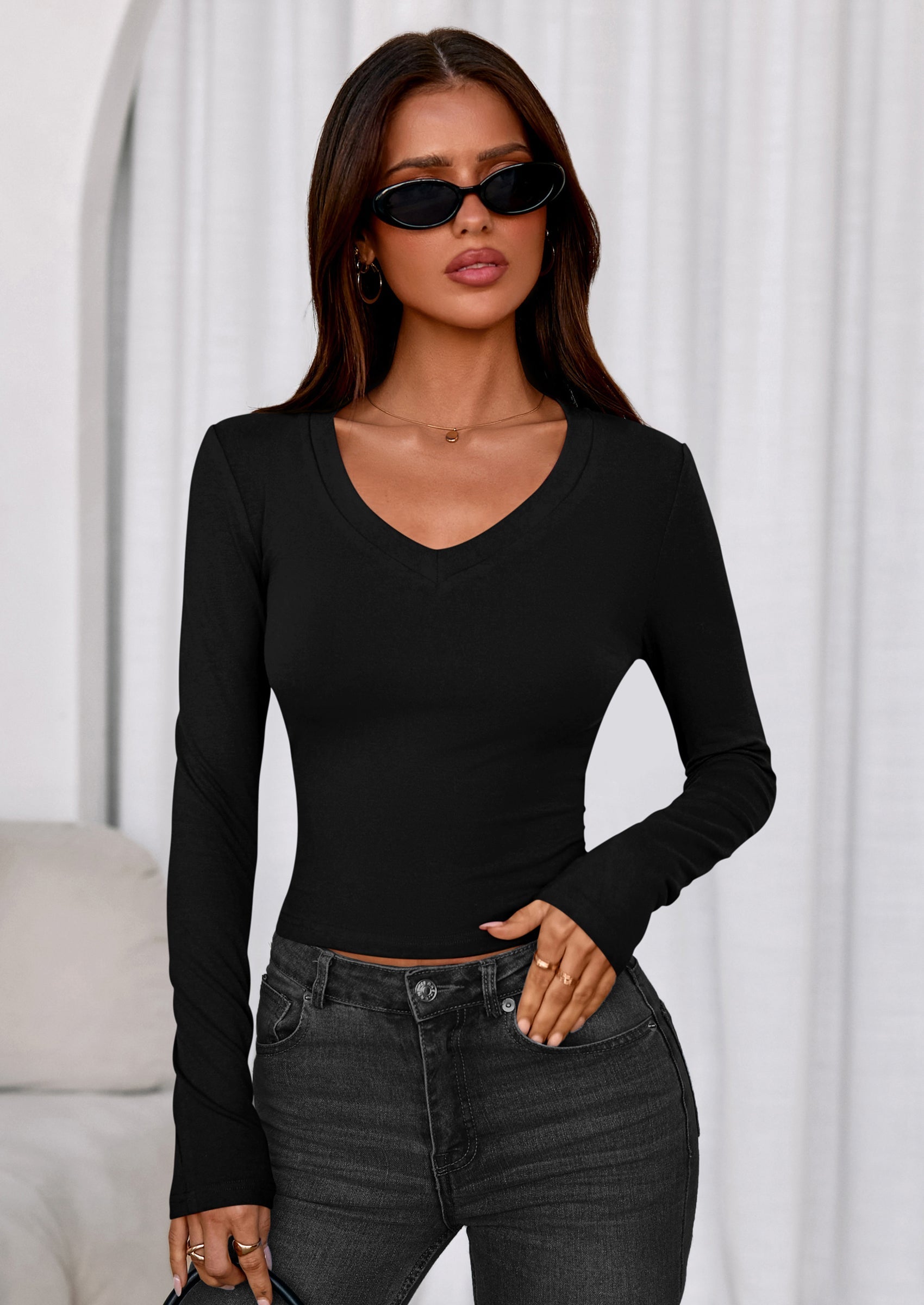 PRETTYGARDEN Womens Long Sleeve T Shirts Fall Trendy Deep V Neck Slim Fit Basic Crop Tops Casual Going Out Top PRETTYGARDEN