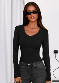 PRETTYGARDEN Womens Long Sleeve T Shirts Fall Trendy Deep V Neck Slim Fit Basic Crop Tops Casual Going Out Top PRETTYGARDEN