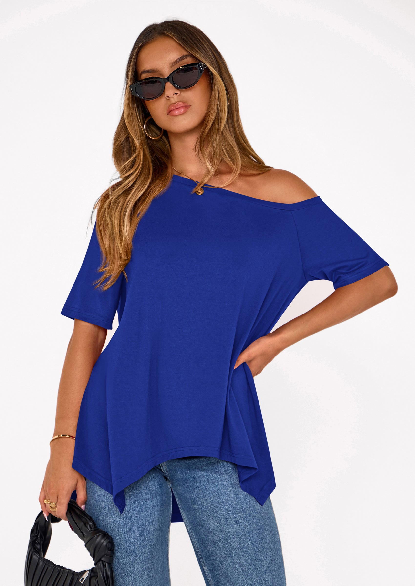 PRETTYGARDEN Off The Shoulder Tops for Women Summer Short Sleeve Asymmetrical Oversized Tee Shirts Casual Spring Clothes PRETTYGARDEN