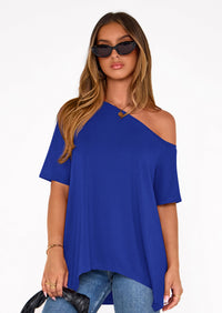 PRETTYGARDEN Off The Shoulder Tops for Women Summer Short Sleeve Asymmetrical Oversized Tee Shirts Casual Spring Clothes PRETTYGARDEN