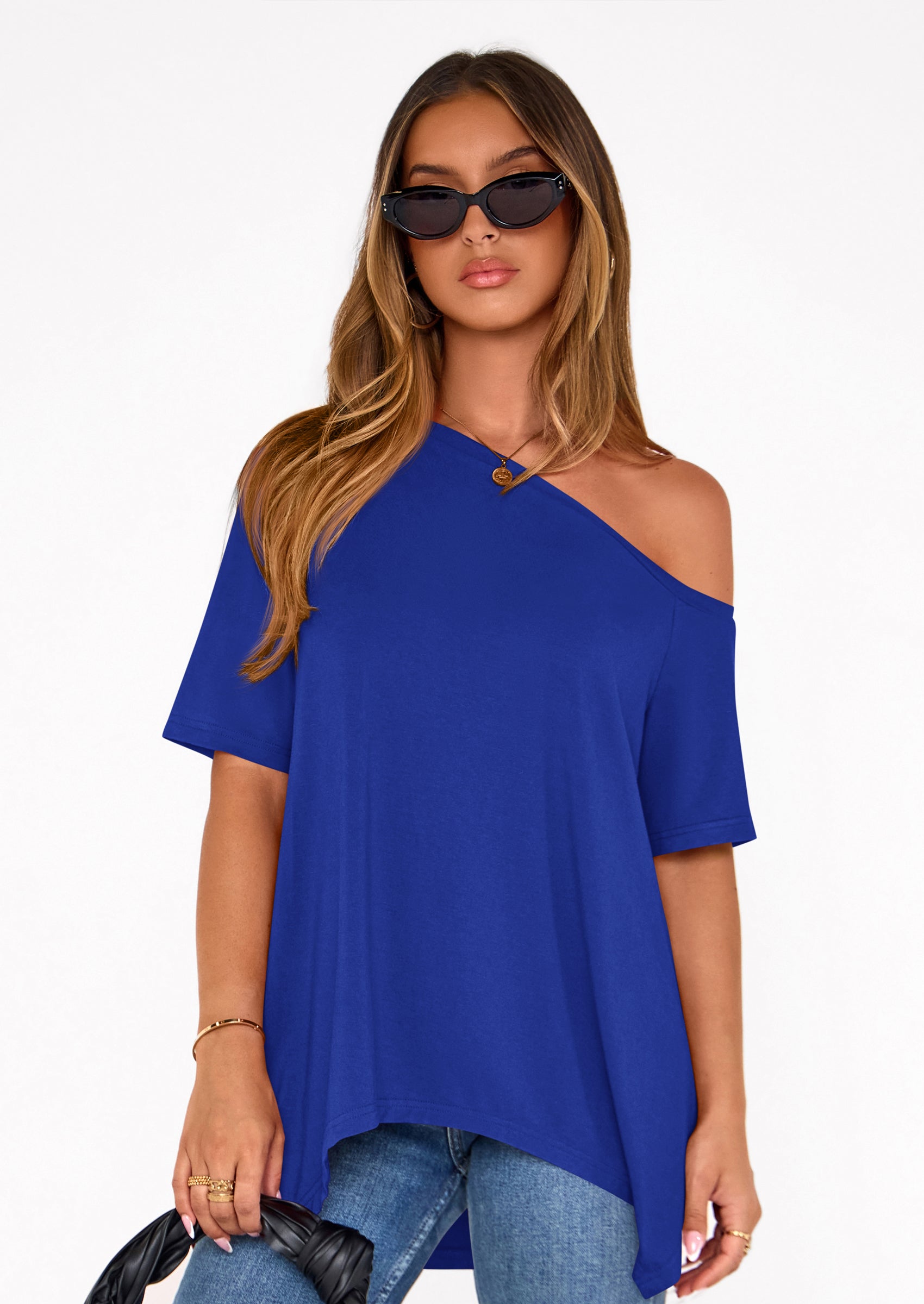 PRETTYGARDEN Off The Shoulder Tops for Women Summer Short Sleeve Asymmetrical Oversized Tee Shirts Casual Spring Clothes PRETTYGARDEN