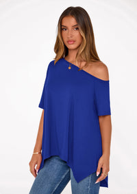 PRETTYGARDEN Off The Shoulder Tops for Women Summer Short Sleeve Asymmetrical Oversized Tee Shirts Casual Spring Clothes PRETTYGARDEN