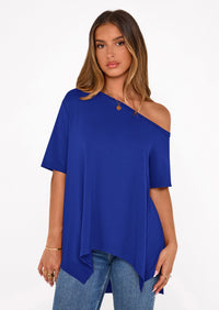 PRETTYGARDEN Off The Shoulder Tops for Women Summer Short Sleeve Asymmetrical Oversized Tee Shirts Casual Spring Clothes PRETTYGARDEN