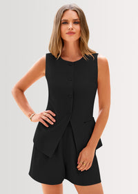 PRETTYGARDEN Two Piece Sets Button Down Suit Vest Tops High Waisted Shorts Business Casual Outfits