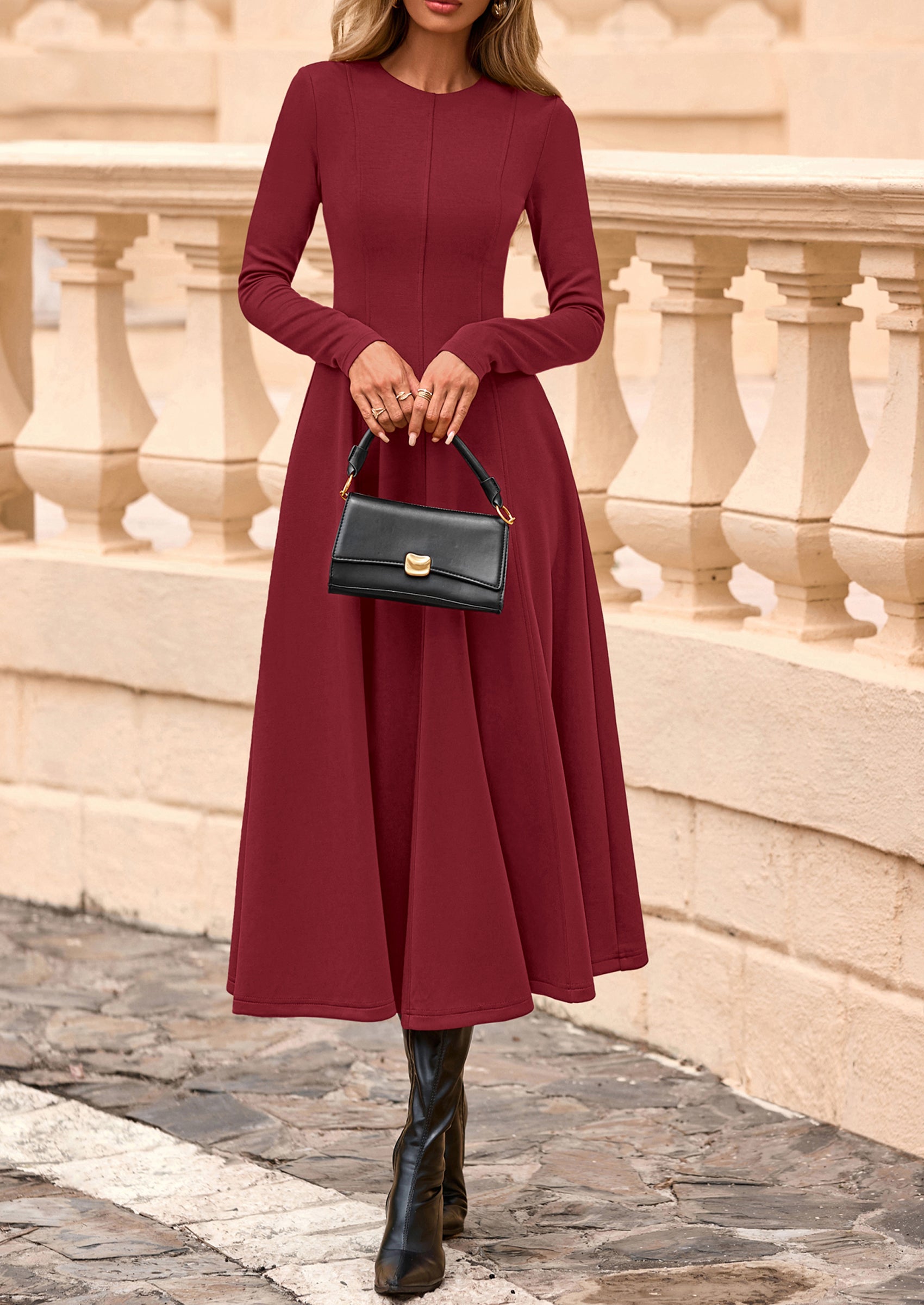 PRETTYGARDEN Women's Fall Long Sleeve Midi Dress Casual Elegant Ruffle Flowy A Line Swing Cocktail Party Dresses