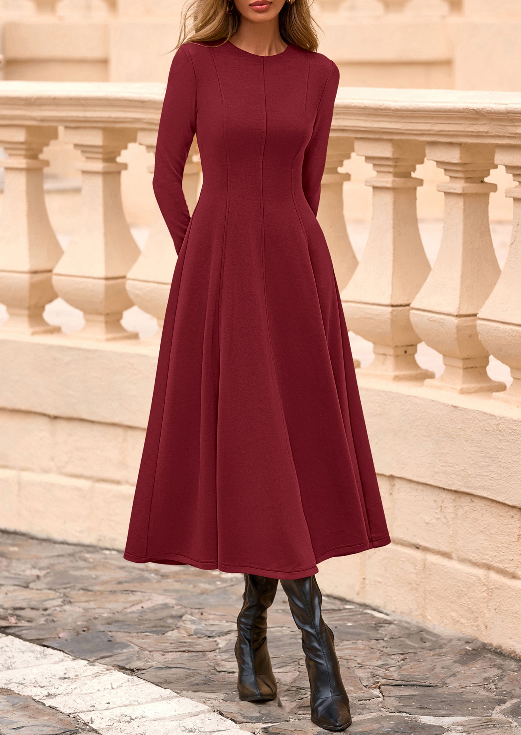 PRETTYGARDEN Women's Fall Long Sleeve Midi Dress Casual Elegant Ruffle Flowy A Line Swing Cocktail Party Dresses