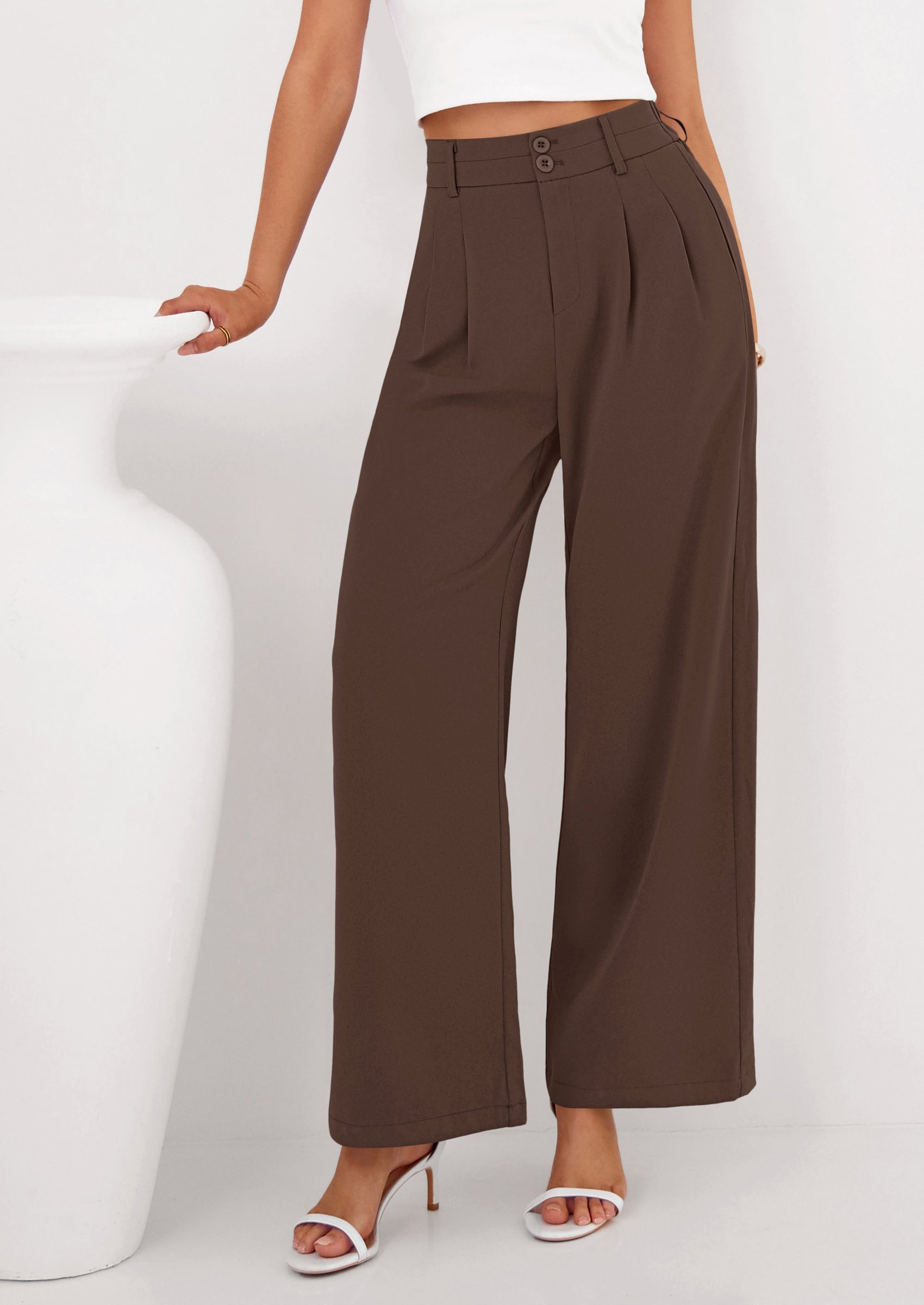 PRETTYGARDEN Womens Spring Wide Leg Palazzo Pants Trendy Loose Button High Waist Pleated Work Business Casual Trousers PRETTYGARDEN