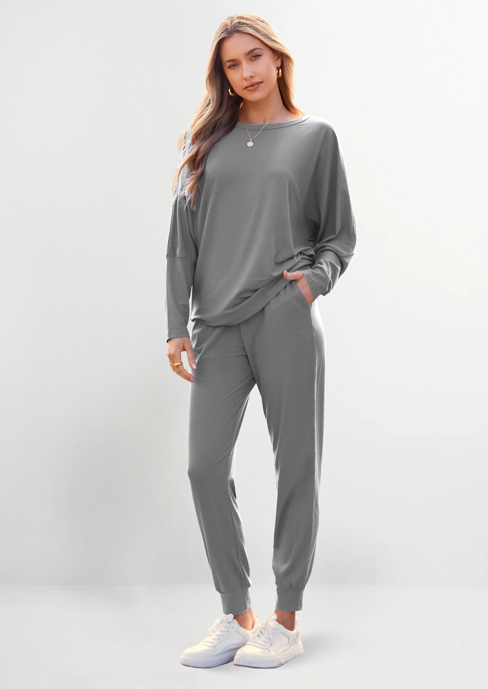 PRETTYGARDEN Women's Fall 2 Piece Lounge Set Long Sleeve Tops Ribbed Pants Spring Matching Sweatsuit Travel Outfits Clothes