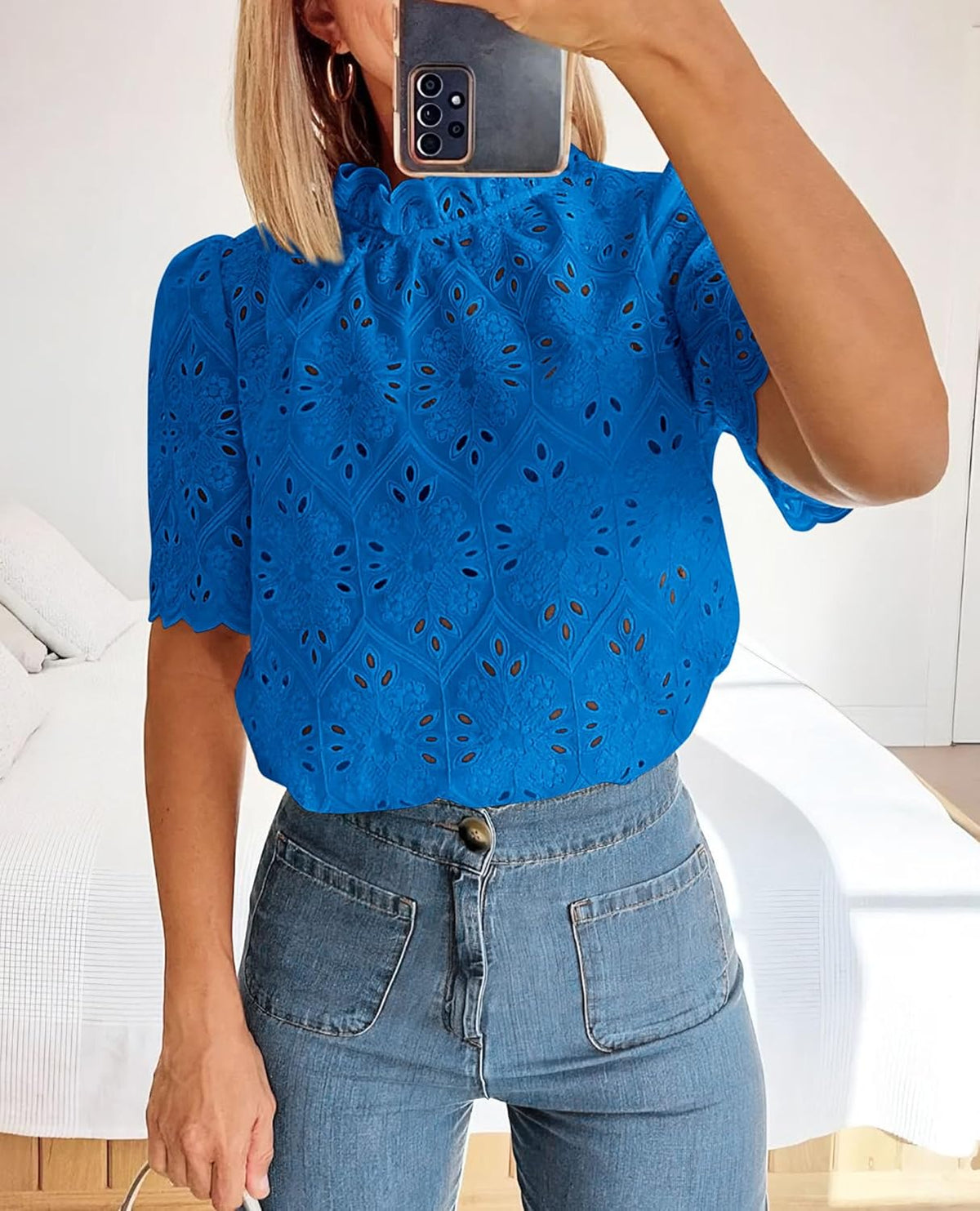 Women Trendy Short Sleeve Eyelet Embroidered Dressy Casual Blouse